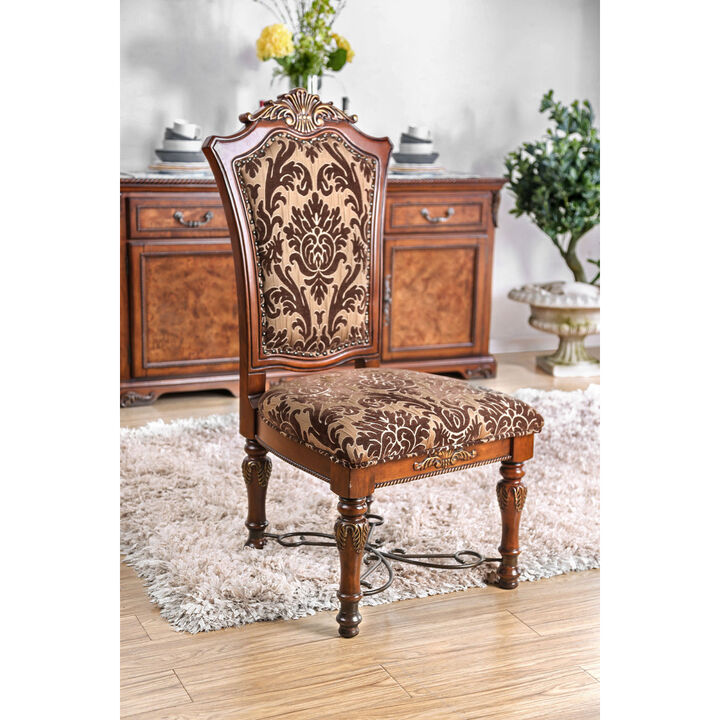 Traditional Fancy Set of 2 PCS Side Chairs Brown Cherry Solid wood Intricate Carved Details Floral Design Print Fabric Seats Formal Dining Room Furniture
