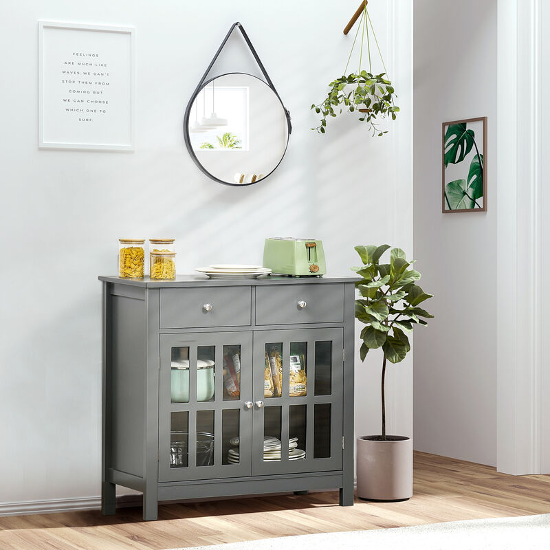 HOMCOM Sideboard Buffet Cabinet, Kitchen Cabinet with 2 Drawers and Glass Doors, Accent Storage Cabinet for Living Room, Gray