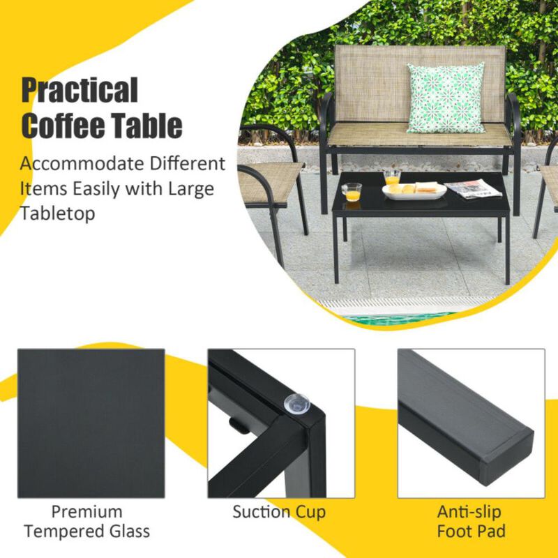 Hivvago 4 Pieces Patio Furniture Set with Glass Top Coffee Table