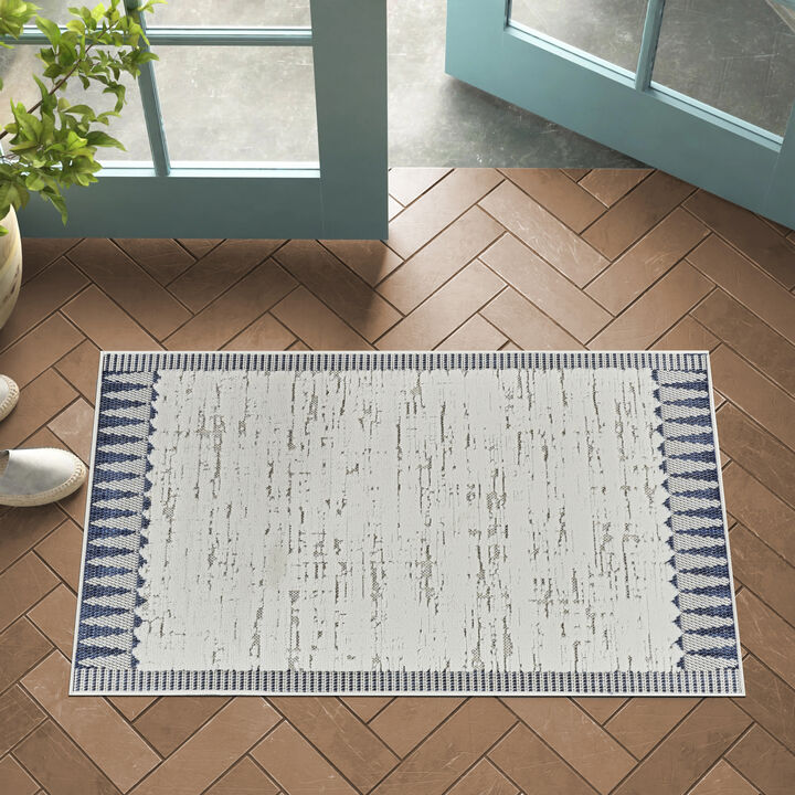 Maise Abstract Modern Cream Blue Indoor Outdoor Doormat Rug