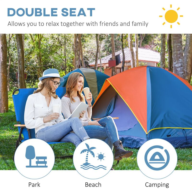 Blue Outdoor Loveseat: Folding Double Chair with Cup Holders