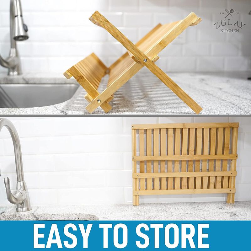 Foldable Bamboo Dish Drying Rack Organizer For Countertop