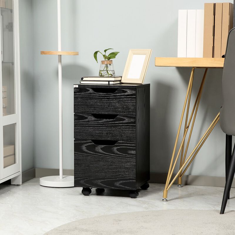 3 Drawer Mobile File Cabinet, Rolling Printer Stand, Vertical Filing Cabinet, Black Wood Grain