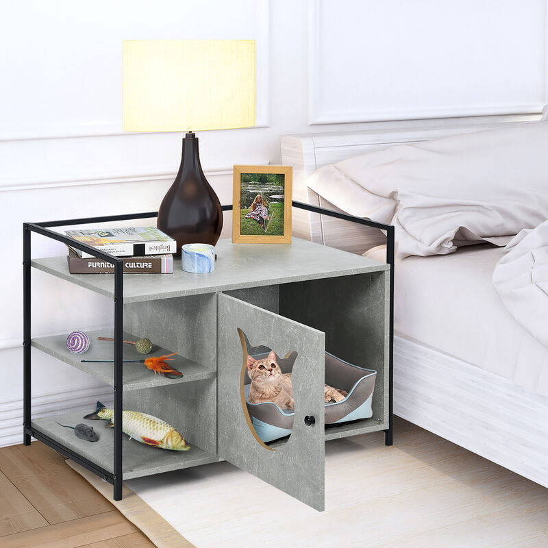 Costway Cat Litter Box  Enclosure Hidden Litter Furniture Cabinet W/ 2-Tier Storage Shelf White