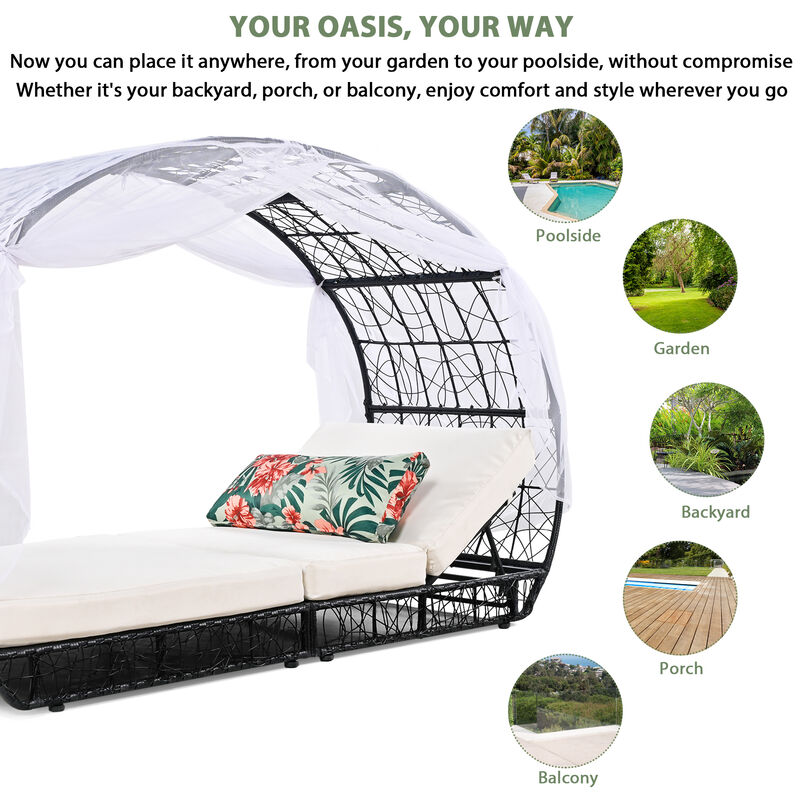 Merax Outdoor Patio Wicker Daybed with Curtain