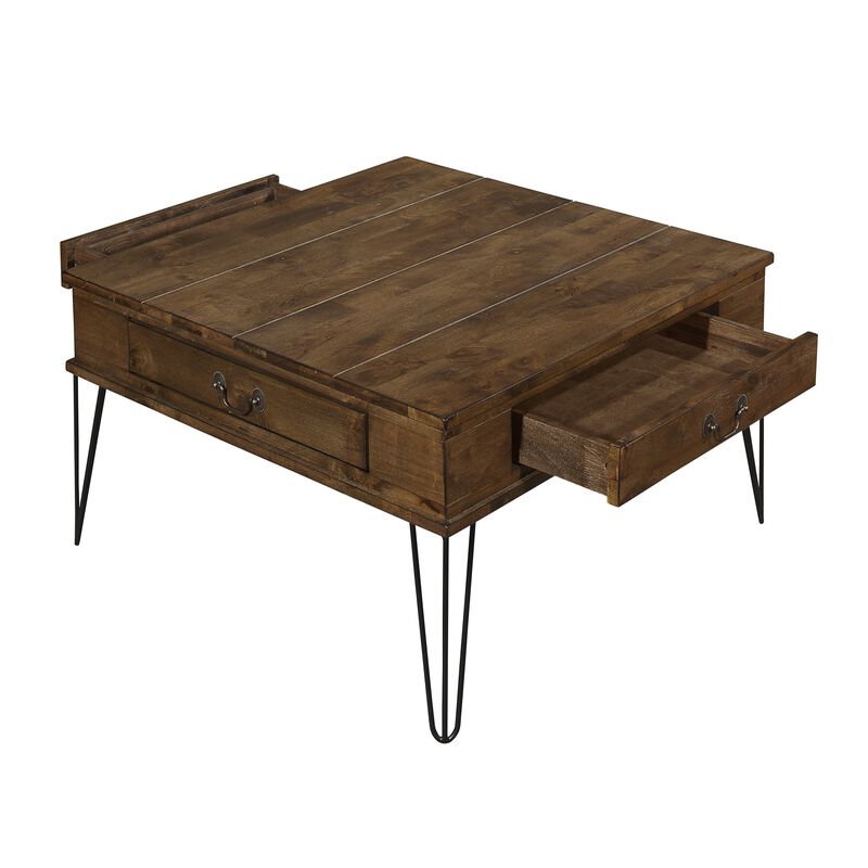 Itti 32 Inch Square Cocktail Coffee Table, 2 Drawers, Brown Wood, Black - Benzara