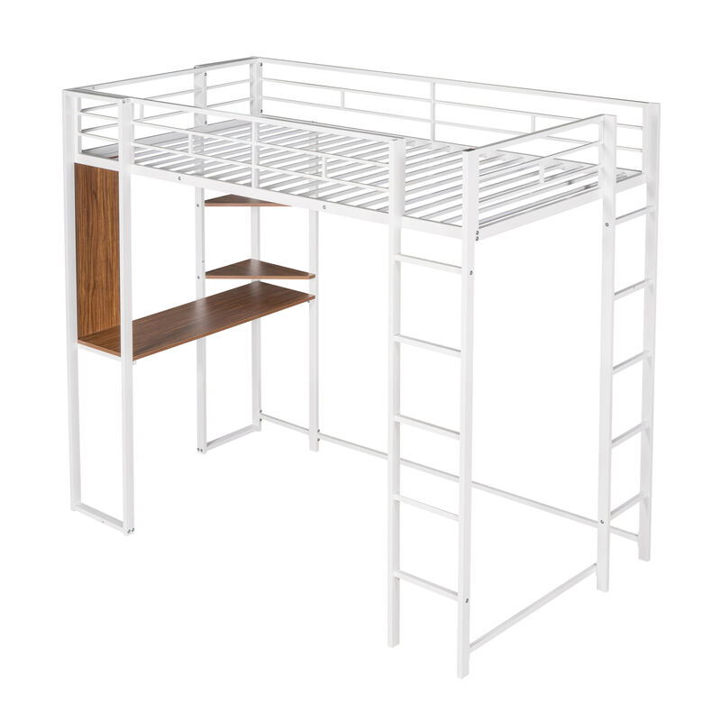 Twin Metal Loft Bed with 2 Shelves and one Desk, WHITE