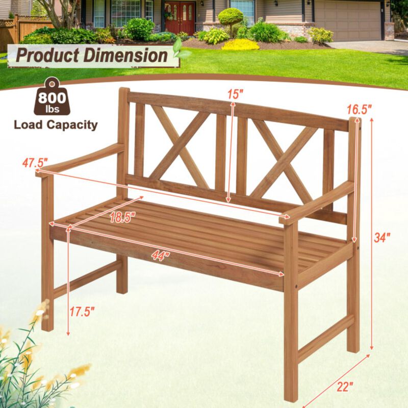 Hivvago 2-Person Wood Outdoor Bench with Cozy Armrest and Backrest