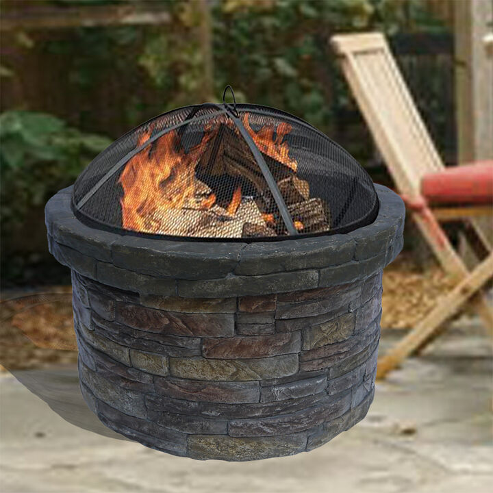 Teamson Home 26.5" Outdoor Round Stone Wood Burning Fire Pit with Steel Base, Natural Stone