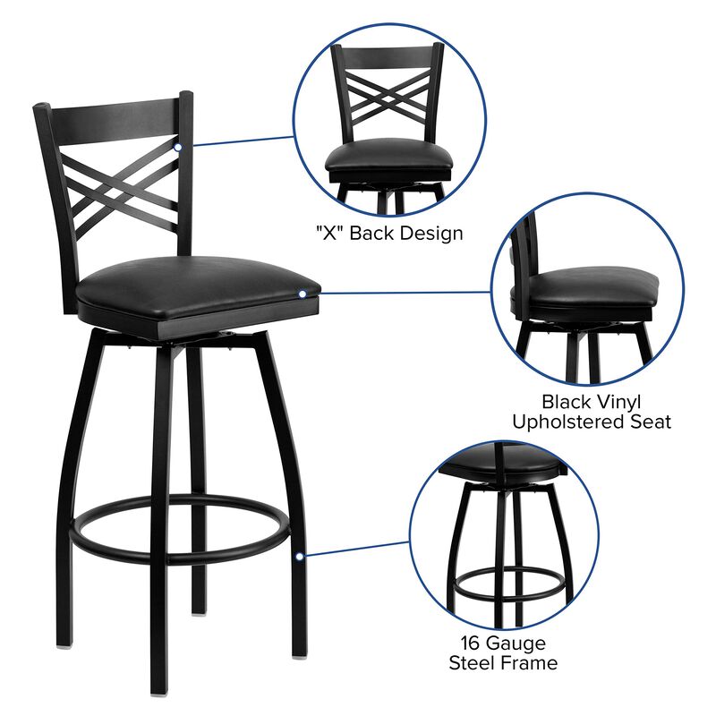 Flash Furniture HERCULES Series Black ''X'' Back Swivel Metal Barstool - Black Vinyl Seat