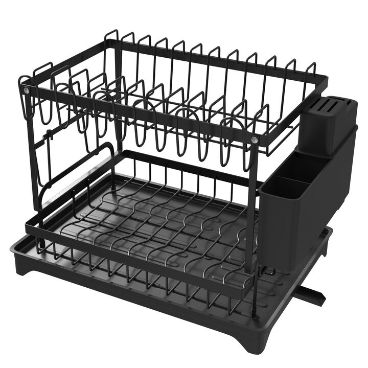 2-Tier Dish Rack Set Black,Foldable Dish Drainer Metal Utensil Holder Drainage