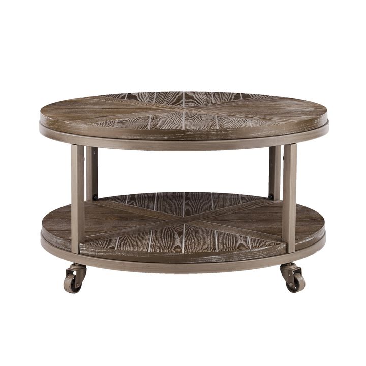 Homezia 32" Brown Rustic and Distressed Round Two Tier Rolling Coffee Table