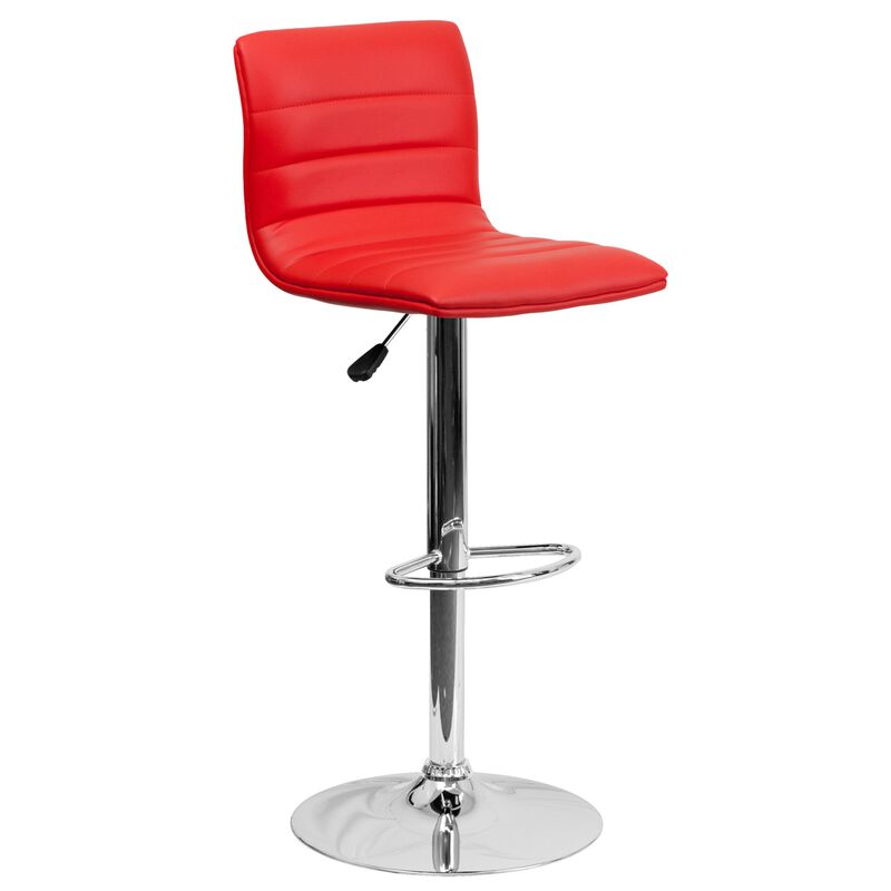 Flash Furniture Vincent Modern Red Vinyl Adjustable Bar Stool with Back, Swivel Stool with Chrome Pedestal Base and Footrest