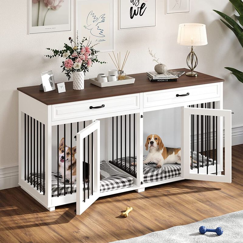64.6 in. Large Dog House Furniture, Indoor Wooden Dog Crate Kennel with 2-Drawers and Divider for Medium or 2 Small Dogs