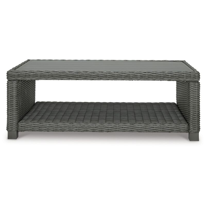 Ellie 50 Inch Outdoor Coffee Table, Lower Shelf, Gray Resin Wicker, Metal - Benzara