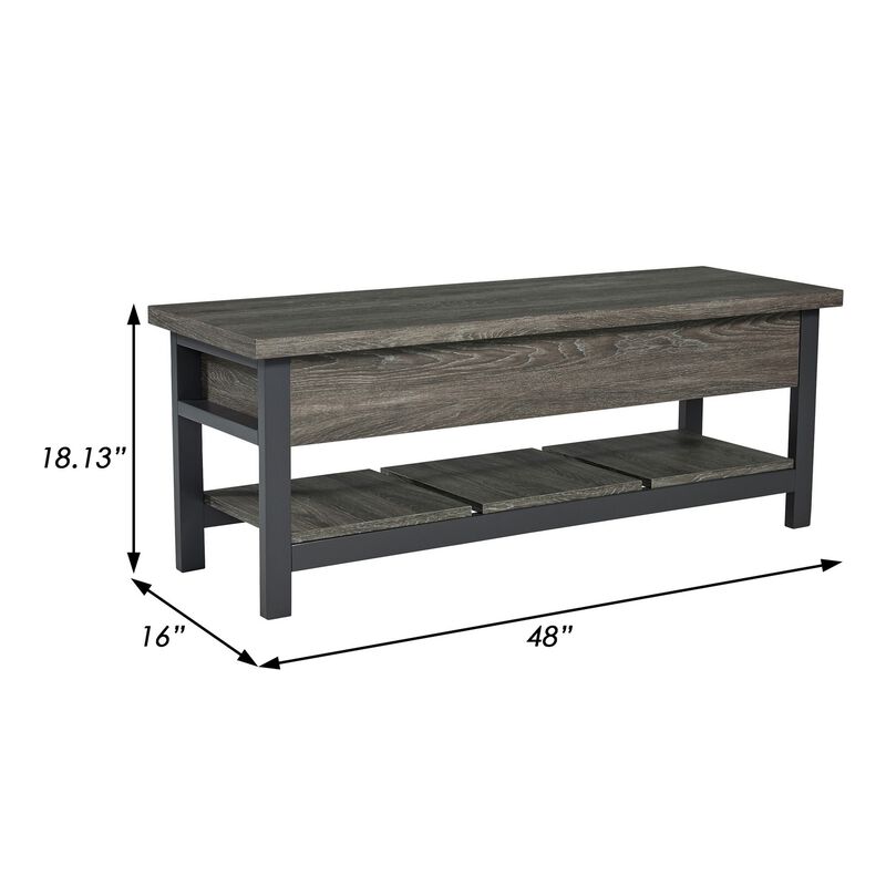 Ciara Storage Bench, Gray Engineered Wood, Black Solid Wood Legs, 48 Inch - Benzara