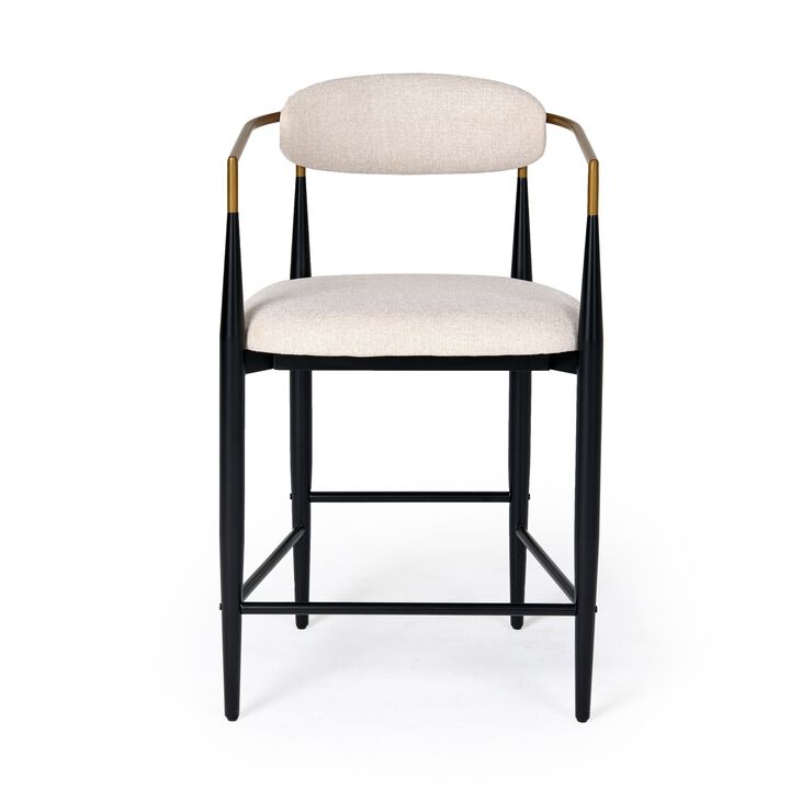 Cid Hita 25 Inch Counter Chair, Light Gray Polyester, Black Iron Legs, Gold - Benzara