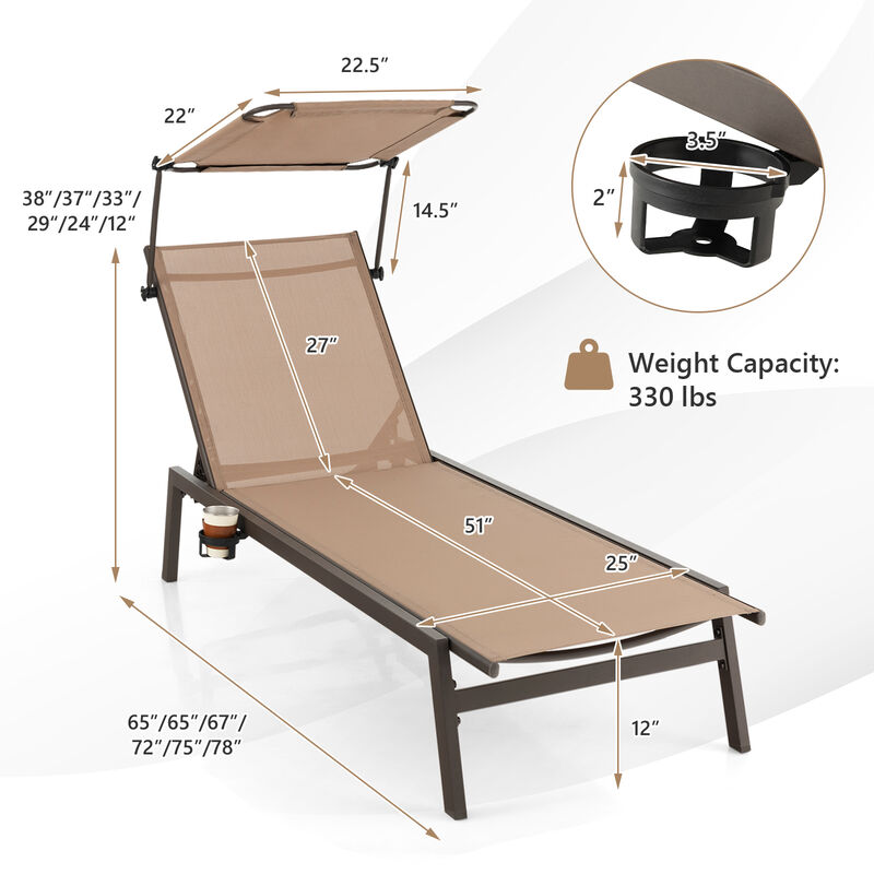 Outdoor Chaise Lounge Chair with Sunshade and 6 Adjustable Position-Brown
