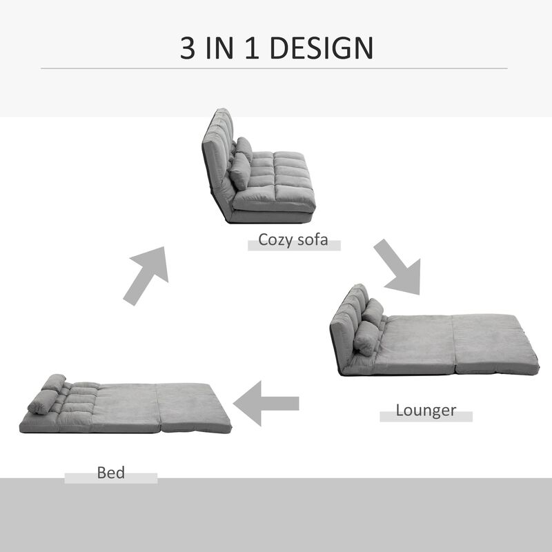 Convertible Floor Sofa Chair, Folding Upholstered Couch Bed, Adjustable Guest Chaise Lounge with Metal Frame and 2 Pillows, Gray