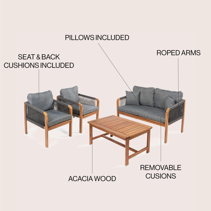 Tavira 4-Piece Modern Bohemian Acacia Wood Outdoor Patio Set with Cushions and Plain Decorative Pillows, Beige/Light Teak