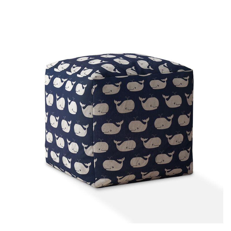 Homezia 17" Blue And Grey Twill Animal Print Pouf Ottoman