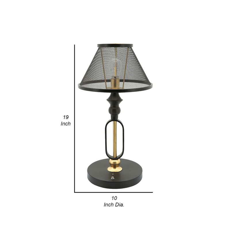 19 Inch Table Lamp, Round Metal Mesh Shade, Hollow Body, Black, Gold Stand - Benzara