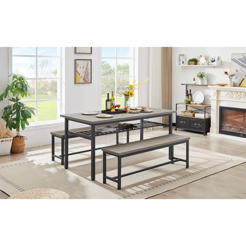Oversized dining table set for 6, 3-Piece Kitchen Table with 2 Benches, Dining Room Table Set for Home Kitchen, Restaurant, Rustic Grey, 67" L x 31.5" W x 31.7" H