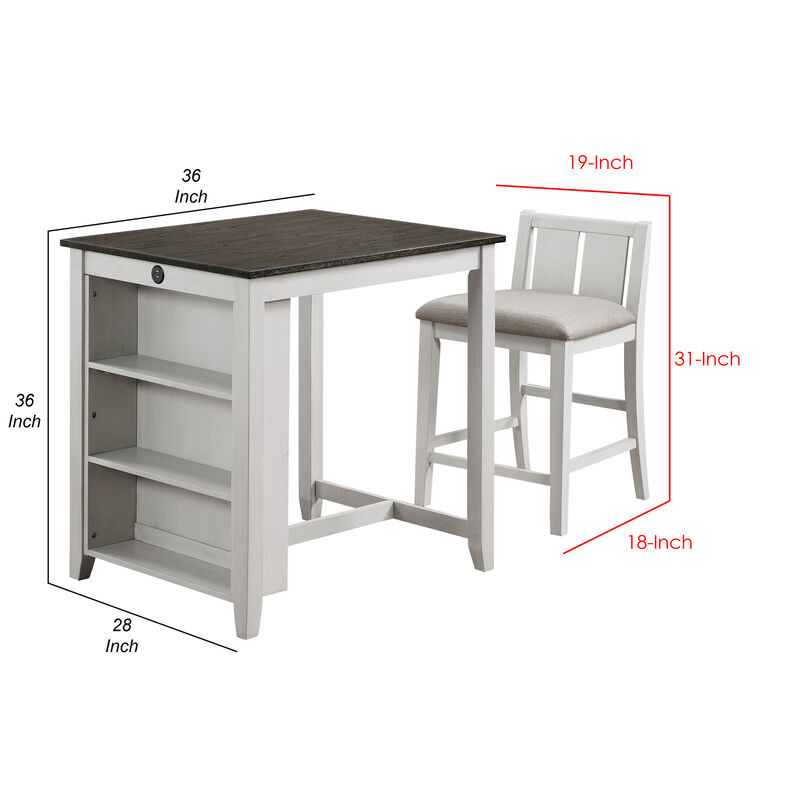 Hia 3 Piece Counter Table Set, Cushioned Seats, 2 Shelves, Crisp White-Benzara