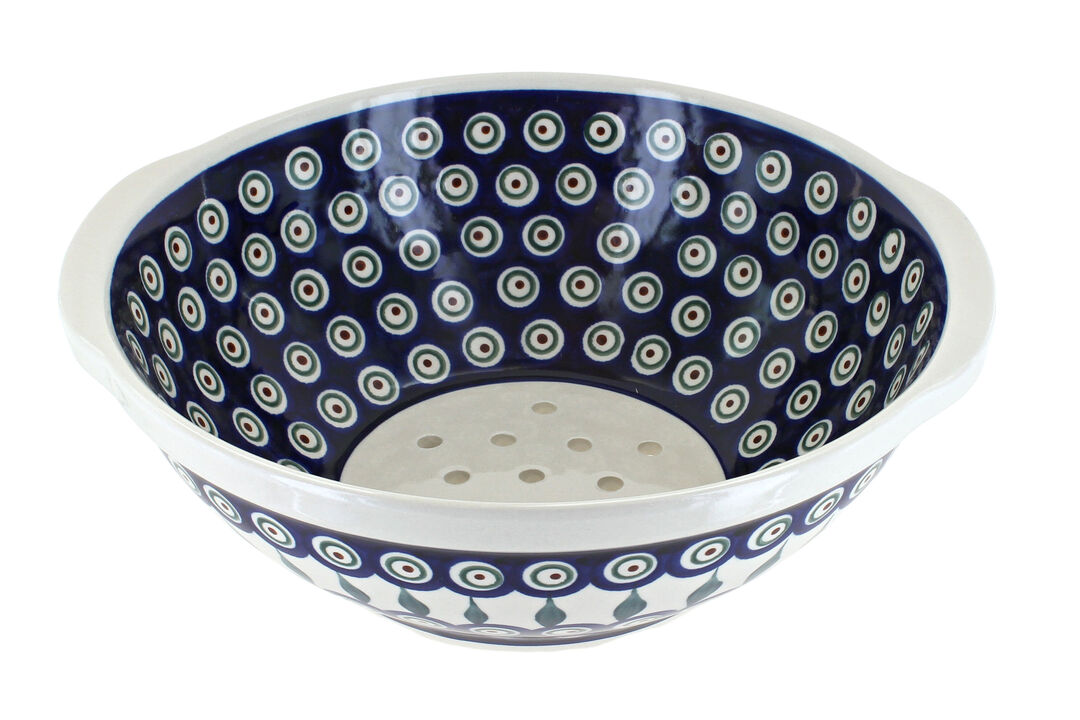 Blue Rose Polish Pottery Flowering Peacock Colander