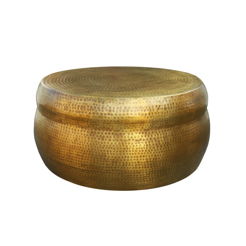 32 Inch Artisanal Round Drum Coffee Table, Hammered Embossed Texturing, Aluminum, Antique Brass-Benzara