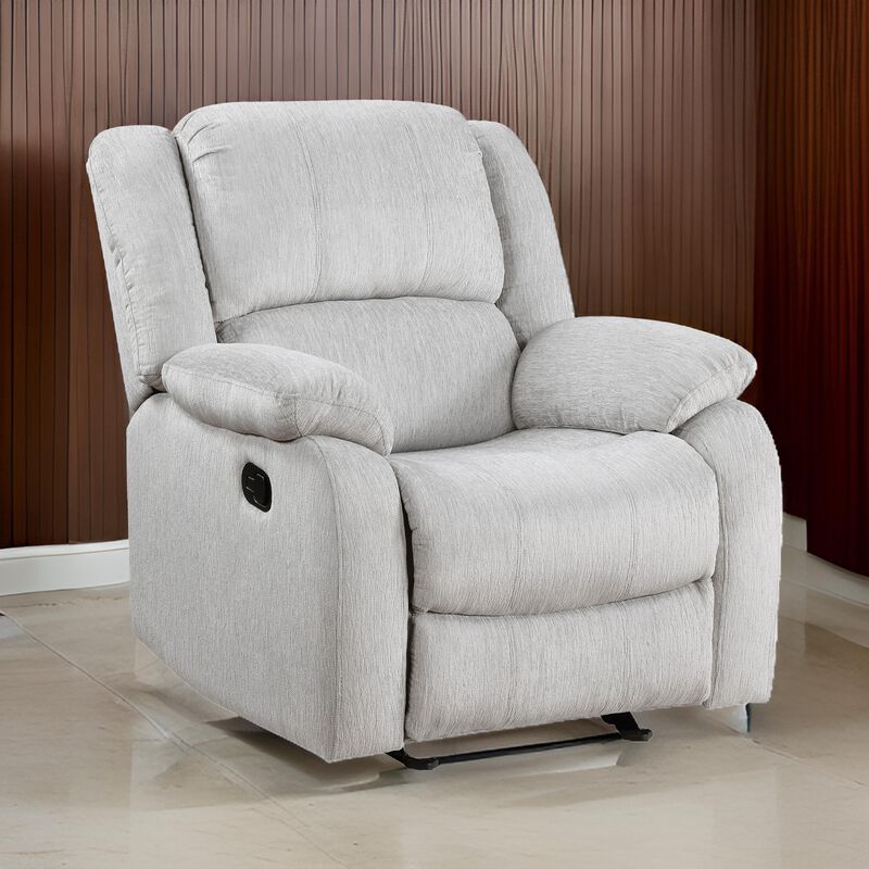 Chris 38 Inch Manual Glider Recliner Chair, Solid Wood, Light Gray Chenille - Benzara