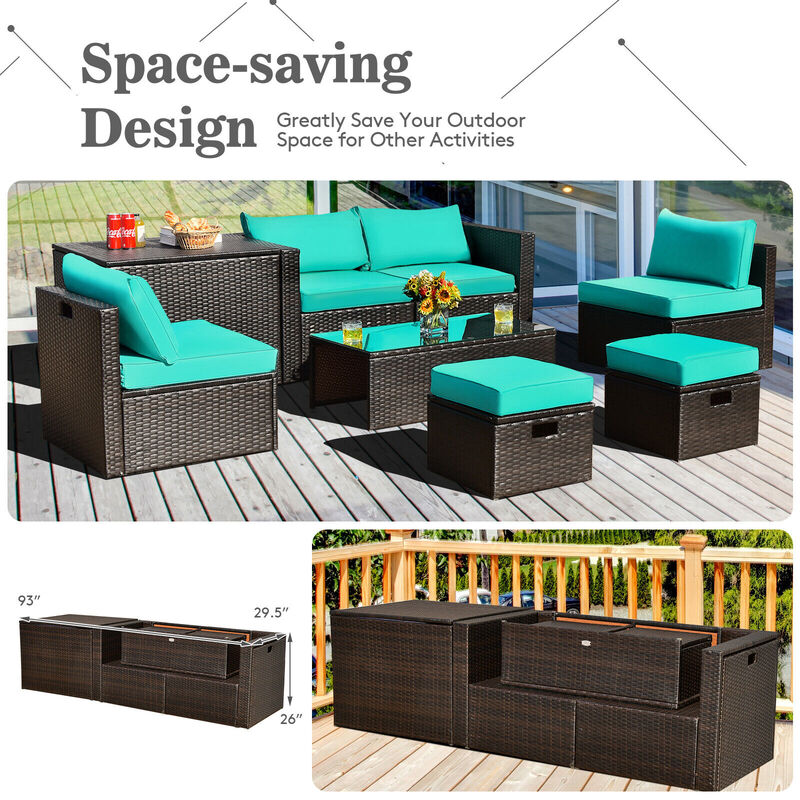 8 Pieces Patio Space-Saving Rattan Furniture Set with Storage Box and Waterproof Cover