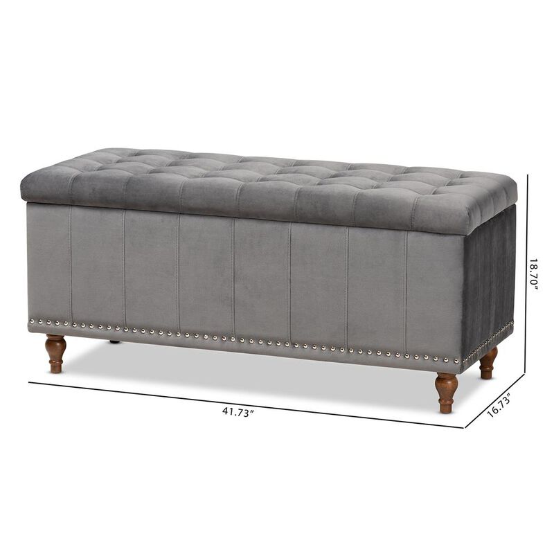 Grey Velvet Fabric Upholstered Button-Tufted Storage Ottoman Bench