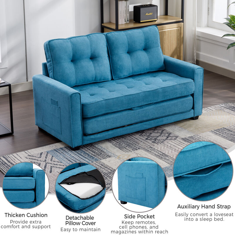 59.4" Loveseat Sofa with Pull-Out Bed Modern Upholstered Couch with Side Pocket for Living Room Office, Blue