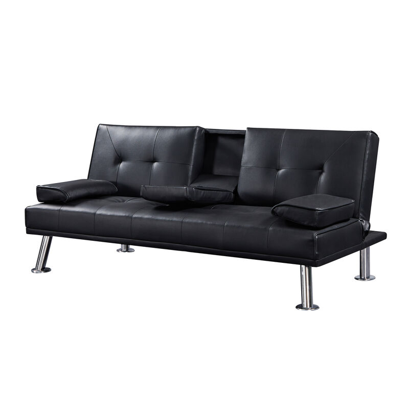 Modern Faux Leather Loveseat Sofa Bed With Cup Holders, Convertible Folding Sleeper Couch