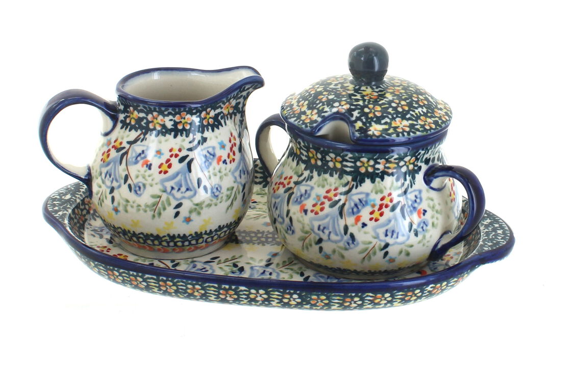 Blue Rose Polish Pottery Red Poppy Sugar & Creamer with Tray