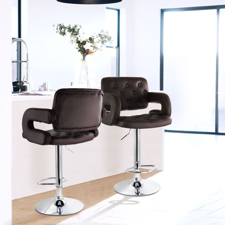 Elama Faux Leather Tufted Bar Stool in Brown with Chrome Base and Adjustable Height