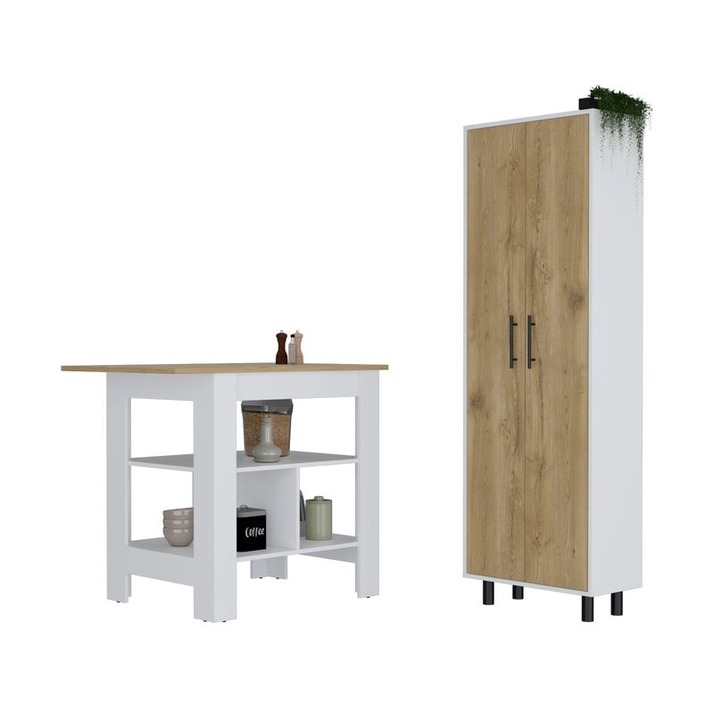 Bowie 2 Piece Kitchen Set, Kitchen Island + Pantry Cabinet, White / Light Oak