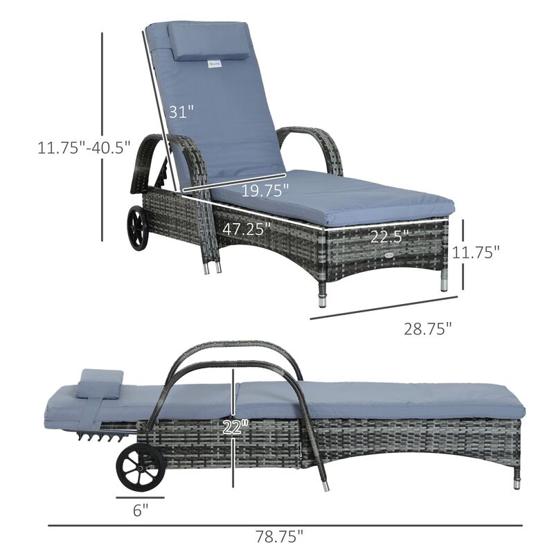 Grey Outdoor Lounger: Wicker Chaise with Adjustable Back and Wheels