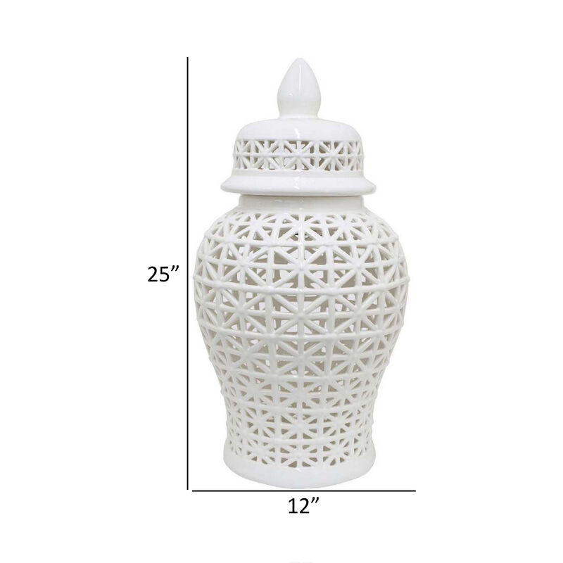 Paul 25 Inch Pierced Temple Jar with Lid, Intricate Pattern Ceramic, White - Benzara