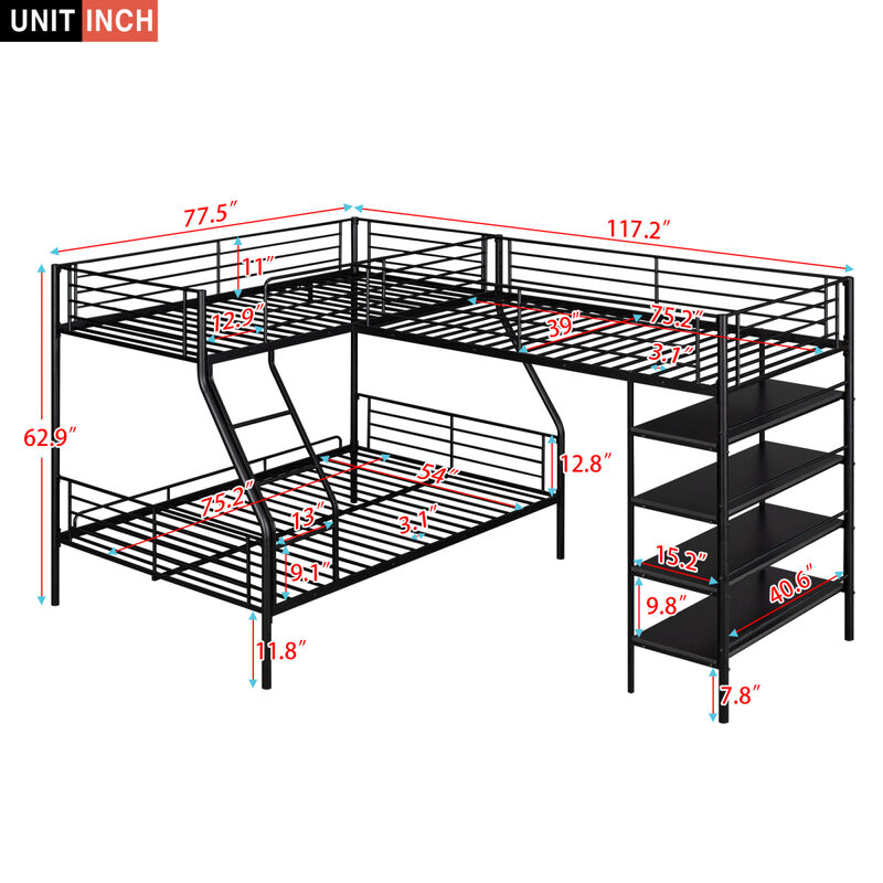 L-Shaped Metal Twin Over Full Bunk Bed And Twin Size Loft Bed With Four Built-In Shelves