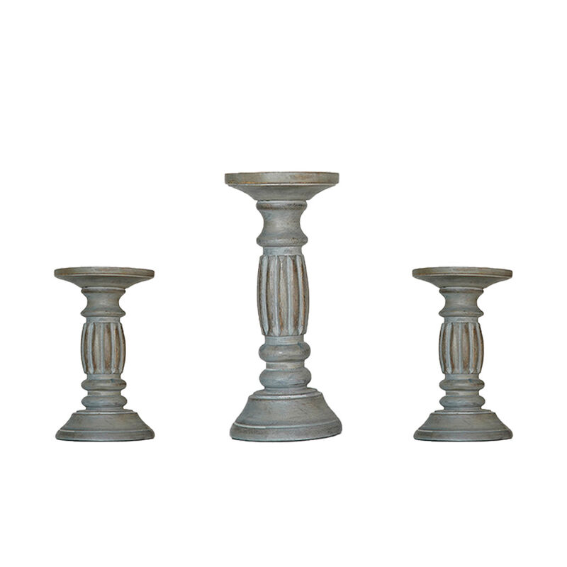 Traditional Antique Dusk Eco-friendly Handmade Mango Wood Set Of Three 6",9" & 6" Pillar Candle Holder