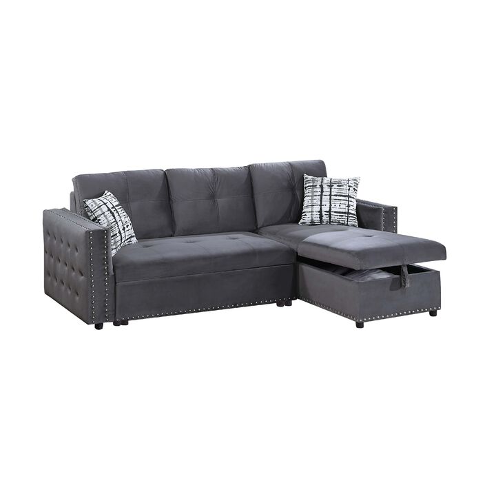 Ero Convertible Sectional Sofa, Storage Chaise, 2 Pillows, Gray Velvet - Benzara