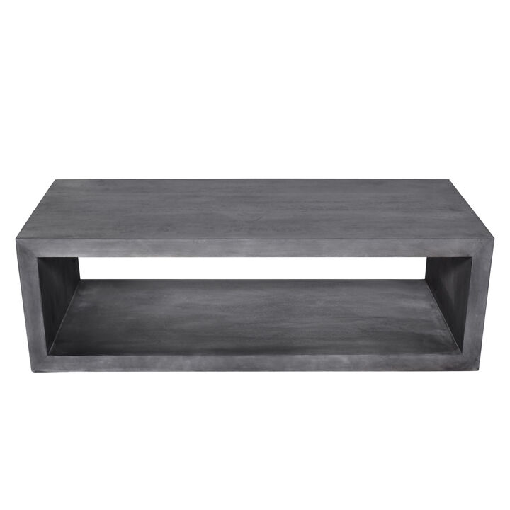 58" Cube Shaped Wooden Coffee Table With Open Bottom Shelf, Charcoal Gray