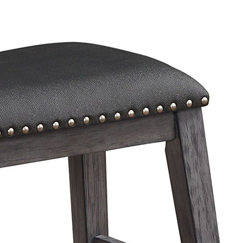 Wood & Leather CoUnter Height Stool with Nail head Trim, Set of 2, Black & Gray-Benzara