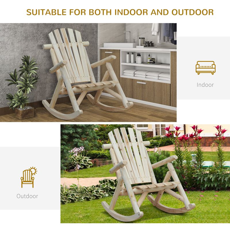 Natural Wooden Adirondack Rocking Chair: Outdoor Rustic Log Rocker with Slatted Design for Patio