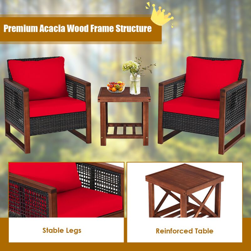 3 Pieces Patio Wicker Furniture Set with Washable Cushion and Acacia Wood Coffee Table