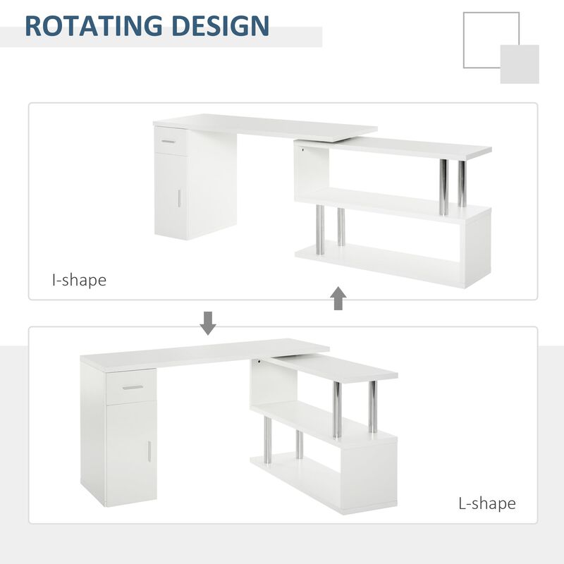 L-Shaped Rotating Computer Desk Home Office Study Workstation with Storage Shelves, Cabinet and Drawer for Home & Office, White