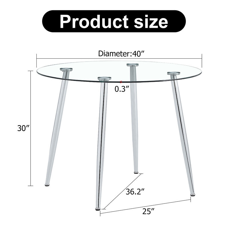 Hivvago 40 inches Modern Minimalist Round Glass  Table with  Metal Legs