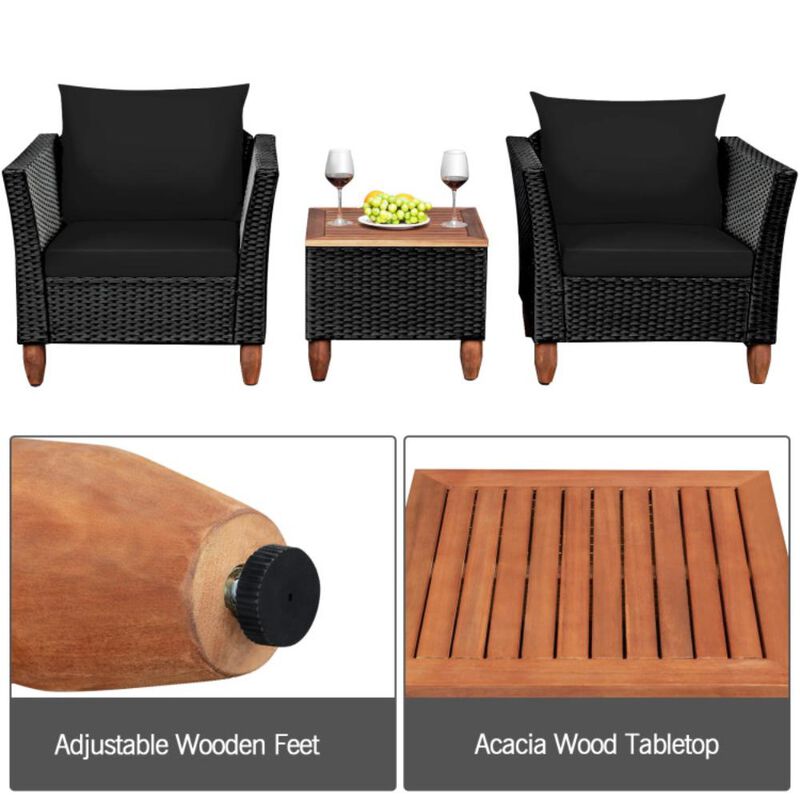 Hivvago 3 Pieces Patio Wicker Furniture Set with Cushions and Acacia Wood Coffee Table Outdoor